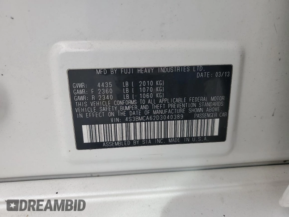 2013 Subaru Legacy 2.5i z VIN 4S3BMCA62D3040389, wystawiony jako Copart lot #50062795 z przebiegiem 181 180 mil mil oraz Szkoda całkowita • Salvage title. Historia ofert i sprzedaży dostępna na DreamBid. Obrazek 13.