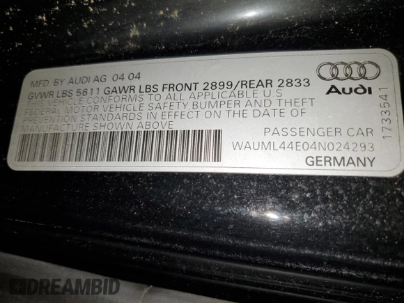 2004 Audi A8 with VIN WAUML44E04N024293, listed as a Copart auction lot 60246125 with 161,278 mi miles and Salvage title. Bid and sale history available at DreamBid. Image 12.