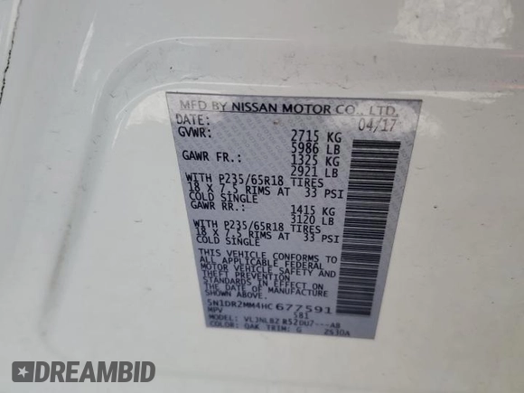 2017 Nissan Pathfinder SL with VIN 5N1DR2MM4HC677591, listed as a Copart auction lot 53822435 with 125,312 mi miles and Salvage Title. Bid and sale history available at DreamBid. Image 14.