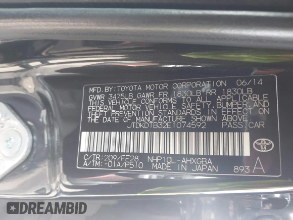 2014 Toyota Prius One with VIN JTDKDTB32E1074592, listed as a IAAI auction lot 42078851 with Not Provided miles and . Bid and sale history available at DreamBid. Image 9.