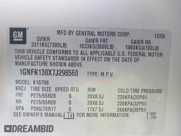 2007 Chevrolet Tahoe LTZ z VIN 1GNFK130X7J298560, wystawiony jako IAAI lot #42127703 z przebiegiem 268 095 mil mil oraz . Historia ofert i sprzedaży dostępna na DreamBid. Obrazek 9.