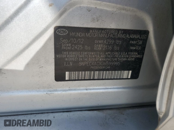 2013 Hyundai Sonata Limited with VIN 5NPEC4ACXDH599995, listed as a Copart auction lot 51229675 with 149,224 mi miles and Salvage Title. Bid and sale history available at DreamBid. Image 12.