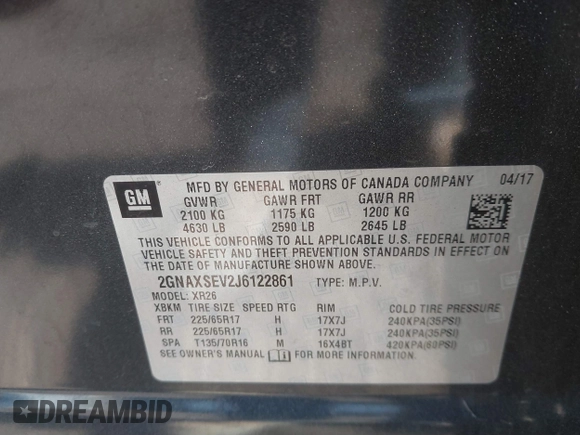 2018 Chevrolet Equinox LT z VIN 2GNAXSEV2J6122861, wystawiony jako IAAI lot #41741471 z przebiegiem 121 123 mil mil oraz . Historia ofert i sprzedaży dostępna na DreamBid. Obrazek 9.