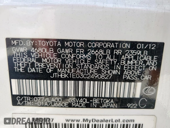 2012 Lexus ES 330 with VIN JTHBK1EG3C2490827, listed as a Copart auction lot 62430405 with 110,944 mi miles and Salvage title. Bid and sale history available at DreamBid. Image 12.