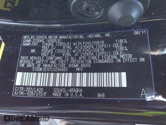 2012 Toyota Highlander Limited with VIN 5TDDK3EH7CS094665, listed as a IAAI auction lot 41580151 with 225,032 mi miles. Bid and sale history available at carsss.com. Image 9.