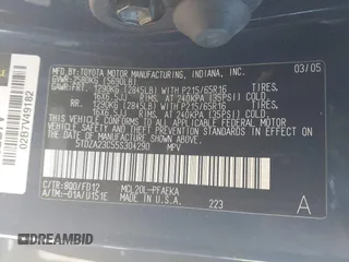 2005 Toyota Sienna CE with VIN 5TDZA23C55S304290, listed as a IAAI auction lot 41740358 with 150,535 mi miles and . Bid and sale history available at DreamBid. Image 9.