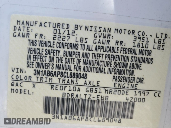 2012 Nissan Sentra 2.0 with VIN 3N1AB6AP8CL689048, listed as a Copart auction lot 52586615 with 159,426 mi miles and Salvage title. Bid and sale history available at DreamBid. Image 12.