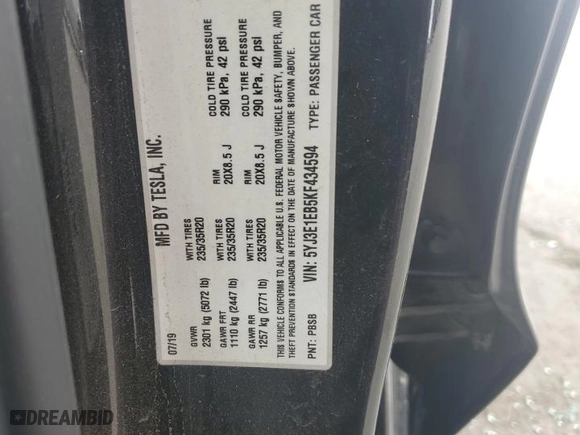 2019 Tesla Model 3 Long Range with VIN 5YJ3E1EB5KF434594, listed as a Copart auction lot 49093515 with 0 mi miles and Salvage Title. Bid and sale history available at carsss.com. Image 14.