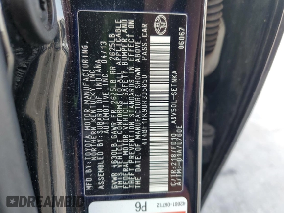 2013 Toyota Camry L with VIN 4T4BF1FK9DR305650, listed as a Copart auction lot 53055965 with 265,912 mi miles and Salvage Title. Bid and sale history available at carsss.com. Image 12.