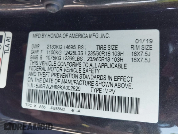 2019 Honda CR-V EX-L with VIN 5J6RW2H89KA002929, listed as a IAAI auction lot 41640391 with 50,024 mi miles. Bid and sale history available at carsss.com. Image 9.