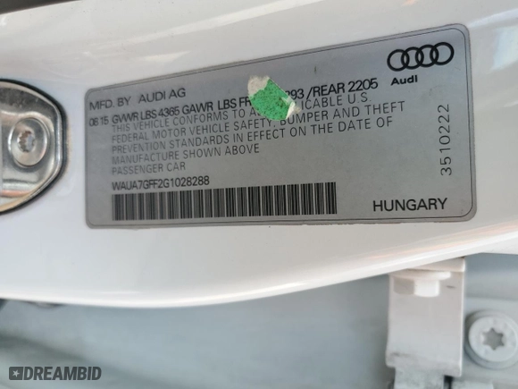 2016 Audi A3 1.8T Premium with VIN WAUA7GFF2G1028288, listed as a Copart auction lot 44157125 with 205,579 mi miles and Salvage Title. Bid and sale history available at carsss.com. Image 14.