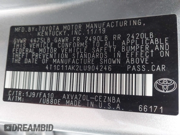 2020 Toyota Camry LE with VIN 4T1C11AK2LU904246, listed as a IAAI auction lot 41609062 with 79,856 mi miles. Bid and sale history available at carsss.com. Image 9.