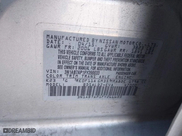 2015 Nissan Sentra SV with VIN 3N1AB7AP1FY266633, listed as a IAAI auction lot 41931538 with 120,224 mi miles. Bid and sale history available at carsss.com. Image 9.
