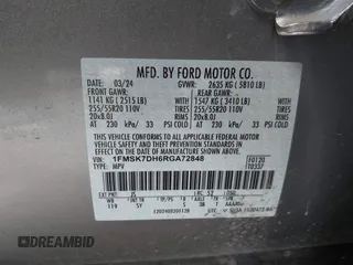 2024 Ford Explorer XLT с VIN 1FMSK7DH6RGA72848, выставлен на аукционе IAAI как лот 42339090 с пробегом 21 366 миль миль и . История ставок и продаж доступна на DreamBid. Изображение 9.