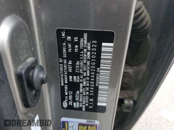 2013 Kia Optima SX with VIN 5XXGR4A62DG102323, listed as a Copart auction lot 59684425 with 210,005 mi miles and Salvage title. Bid and sale history available at DreamBid. Image 12.