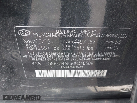 2016 Hyundai Sonata Sport with VIN 5NPE34AF6GH346509, listed as a IAAI auction lot 42082345 with 93,822 mi miles and . Bid and sale history available at DreamBid. Image 9.