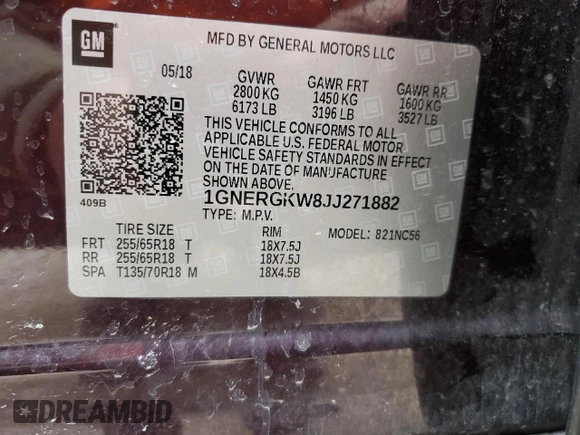 2018 Chevrolet Traverse LT Cloth with VIN 1GNERGKW8JJ271882, listed as a Copart auction lot 48311865 with 129,218 mi miles and Salvage title. Bid and sale history available at DreamBid. Image 15.