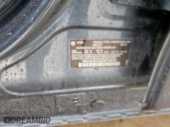 2013 BMW 3 Series 328i z VIN WBA3A5G53DNP19533, wystawiony jako Copart lot #55752525 z przebiegiem 92 472 mil mil oraz Szkoda całkowita • Salvage title. Historia ofert i sprzedaży dostępna na DreamBid. Obrazek 13.