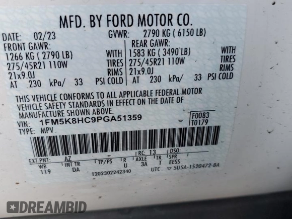 2023 Ford Explorer Platinum with VIN 1FM5K8HC9PGA51359, listed as a Copart auction lot 86424084 with 36,699 mi miles and Salvage title. Bid and sale history available at DreamBid. Image 14.