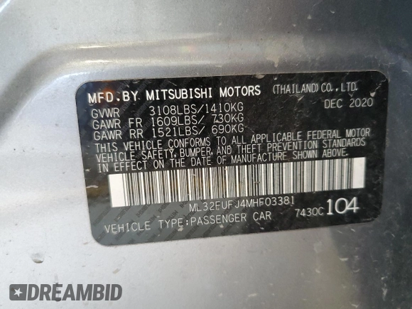 2021 Mitsubishi Mirage ES with VIN ML32FUFJ4MHF03381, listed as a Copart auction lot 60436575 with 79,839 mi miles and Non repairable. Bid and sale history available at DreamBid. Image 12.