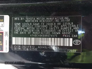 2009 Toyota Camry z VIN 4T4BE46K69R074475, wystawiony jako IAAI lot #42432690 z przebiegiem 129 063 mil mil oraz . Historia ofert i sprzedaży dostępna na DreamBid. Obrazek 9.