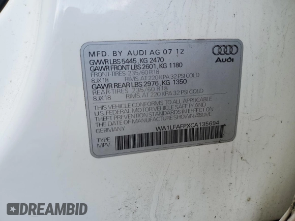 2012 Audi Q5 Premium Plus with VIN WA1LFAFPXCA135694, listed as a Copart auction lot 59293765 with 138,531 mi miles and Clean title. Bid and sale history available at DreamBid. Image 13.
