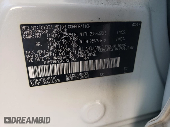 2017 Toyota RAV4 Limited with VIN JTMYFREV2HJ721288, listed as a Copart auction lot 45283605 with 51,910 mi miles and Salvage Title. Bid and sale history available at DreamBid. Image 13.