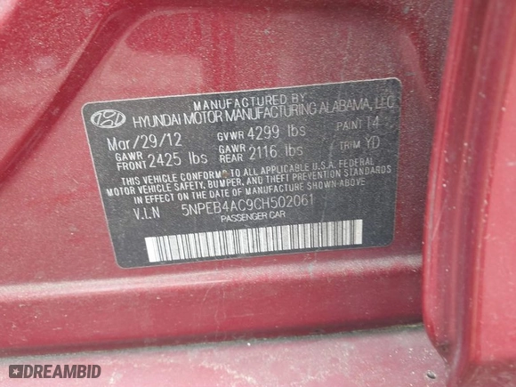2012 Hyundai Sonata GLS with VIN 5NPEB4AC9CH502061, listed as a IAAI auction lot 41867621 with 97,189 mi miles. Bid and sale history available at carsss.com. Image 9.