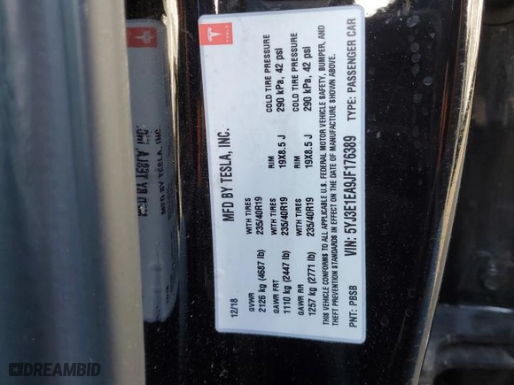2018 Tesla Model 3 Long Range Battery with VIN 5YJ3E1EA9JF176389, listed as a Copart auction lot 48785925 with 43,812 mi miles and Salvage Title. Bid and sale history available at carsss.com. Image 14.