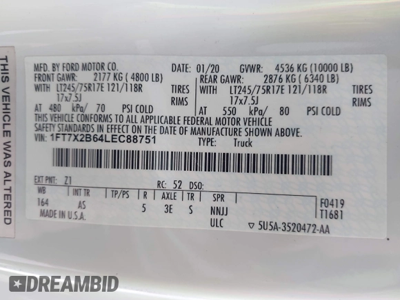 2020 Ford F-250 XL z VIN 1FT7X2B64LEC88751, wystawiony jako IAAI lot #42621080 z przebiegiem 131 199 mil mil oraz . Historia ofert i sprzedaży dostępna na DreamBid. Obrazek 9.