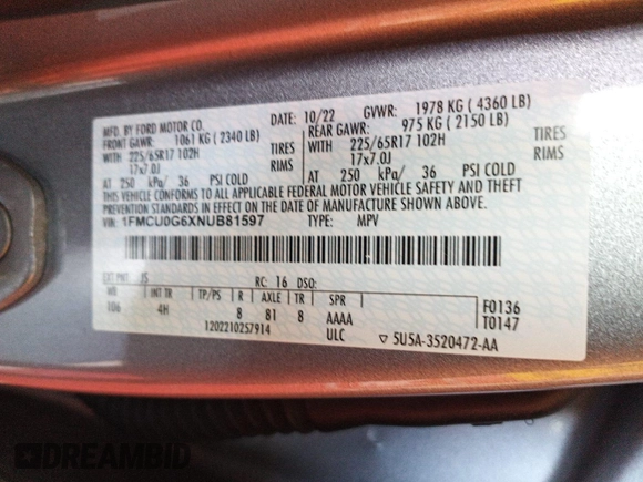 2022 Ford Escape SE with VIN 1FMCU0G6XNUB81597, listed as a IAAI auction lot 42846973 with 59,647 mi miles and . Bid and sale history available at DreamBid. Image 12.