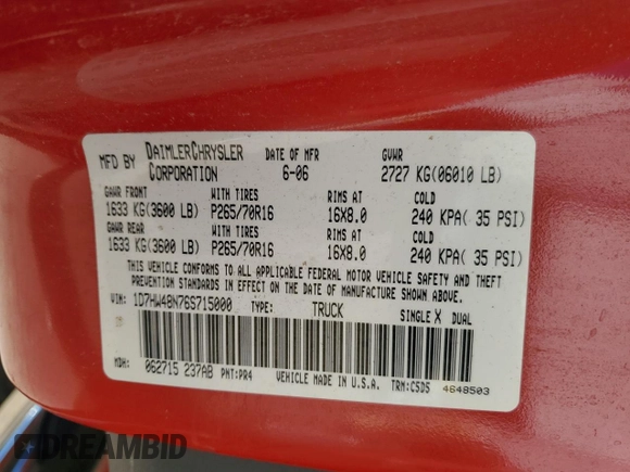 2006 Dodge Dakota SLT with VIN 1D7HW48N76S715000, listed as a Copart auction lot 87466974 with 155,484 mi miles and Salvage Title. Bid and sale history available at DreamBid. Image 15.