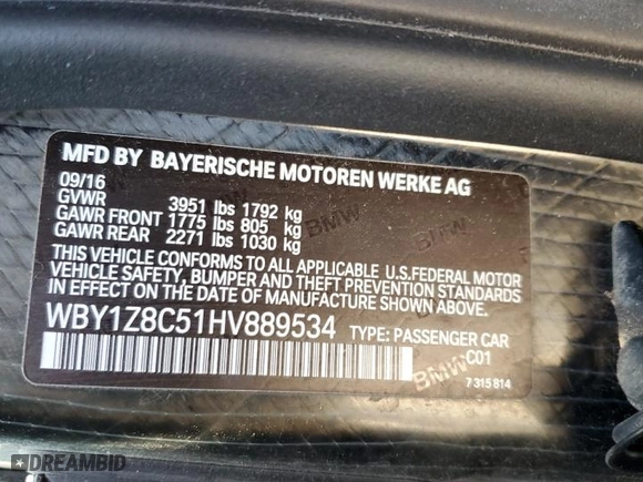2017 BMW i3 with VIN WBY1Z8C51HV889534, listed as a Copart auction lot 41925985 with 35,229 mi miles and Salvage Title. Bid and sale history available at carsss.com. Image 14.