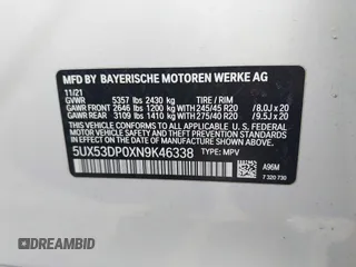 2022 BMW X3 xDrive30i with VIN 5UX53DP0XN9K46338, listed as a IAAI auction lot 41590856 with 12,163 mi miles and . Bid and sale history available at DreamBid. Image 9.