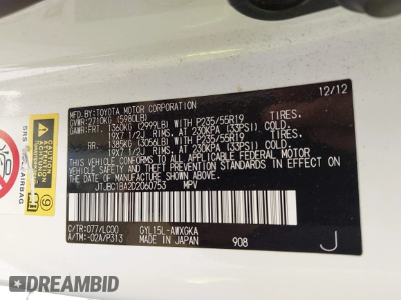 2013 Lexus RX 450h with VIN JTJBC1BA2D2060753, listed as a IAAI auction lot 42399012 with Not provided miles and . Bid and sale history available at DreamBid. Image 9.