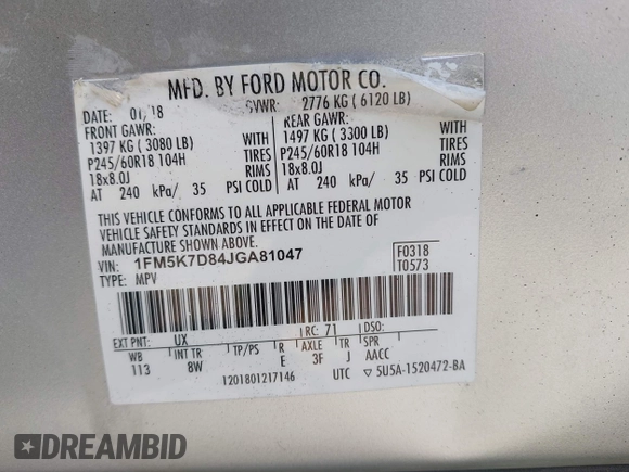 2018 Ford Explorer XLT z VIN 1FM5K7D84JGA81047, wystawiony jako IAAI lot #42216772 z przebiegiem 127 613 mil mil oraz . Historia ofert i sprzedaży dostępna na DreamBid. Obrazek 9.