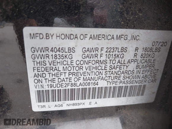 2020 Acura ILX Premium with VIN 19UDE2F88LA008164, listed as a IAAI auction lot 42068410 with 82,936 mi miles and . Bid and sale history available at DreamBid. Image 9.