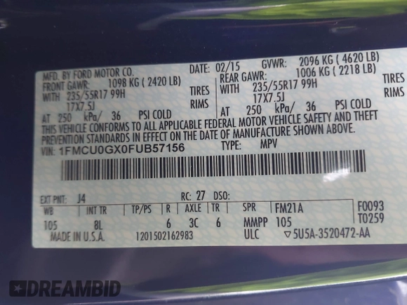 2015 Ford Escape SE with VIN 1FMCU0GX0FUB57156, listed as a IAAI auction lot 42201926 with Not Provided miles. Bid and sale history available at carsss.com. Image 9.