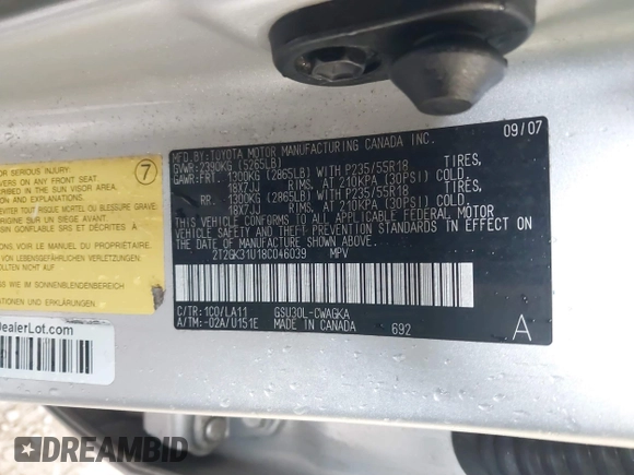 2008 Lexus RX 350 with VIN 2T2GK31U18C046039, listed as a IAAI auction lot 39059220 with 217,874 mi miles and . Bid and sale history available at DreamBid. Image 9.