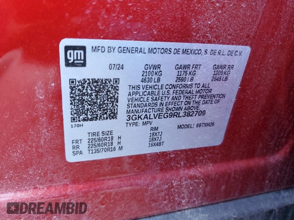 2024 GMC Terrain SLT z VIN 3GKALVEG9RL382709, wystawiony jako Copart lot #52175395 z przebiegiem 7 535 mil mil oraz Szkoda całkowita • Salvage title. Historia ofert i sprzedaży dostępna na DreamBid. Obrazek 15.