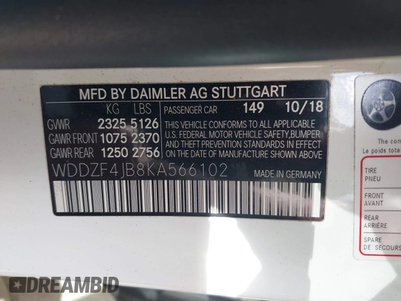 2019 Mercedes-Benz E-Class E 300 with VIN WDDZF4JB8KA566102, listed as a IAAI auction lot 41690183 with 89,085 mi miles. Bid and sale history available at carsss.com. Image 9.