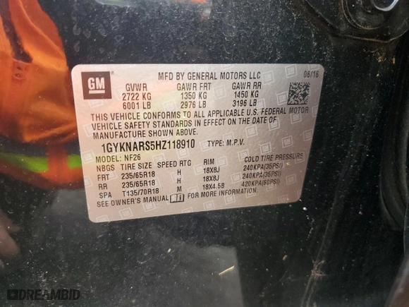 2017 Cadillac XT5 FWD with VIN 1GYKNARS5HZ118910, listed as a Copart auction lot 51138465 with 43,633 mi miles and Salvage Title. Bid and sale history available at carsss.com. Image 13.