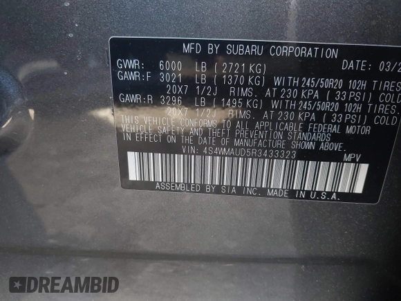 2024 Subaru Ascent Limited with VIN 4S4WMAUD5R3433323, listed as a IAAI auction lot 41833379 with 16,506 mi miles and . Bid and sale history available at DreamBid. Image 9.