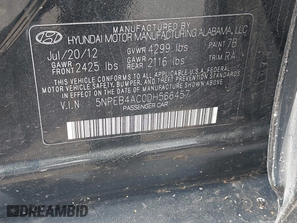 2013 Hyundai Sonata GLS with VIN 5NPEB4AC0DH566457, listed as a IAAI auction lot 42230391 with 126,107 mi miles and . Bid and sale history available at carsss.com. Image 9.