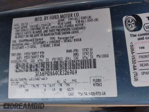 2012 Ford Fusion SE with VIN 3FAHP0HA4CR326969, listed as a IAAI auction lot 41854407 with Not provided miles and . Bid and sale history available at DreamBid. Image 9.
