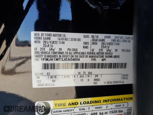 2018 Ford Expedition Max Platinum with VIN 1FMJK1MT3JEA54854, listed as a Copart auction lot 46295665 with 192,965 mi miles and Salvage title. Bid and sale history available at DreamBid. Image 13.