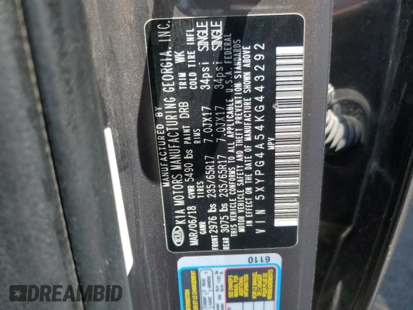 2019 Kia Sorento LX with VIN 5XYPG4A54KG443292, listed as a Copart auction lot 64502715 with 141,287 mi miles and Clean title. Bid and sale history available at DreamBid. Image 13.