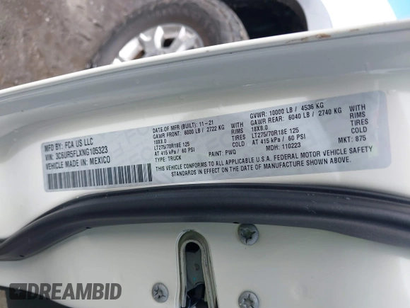 2022 Ram 2500 Laramie с VIN 3C6UR5FLXNG105323, выставлен на аукционе IAAI как лот 41359667 с пробегом 33 266 миль миль и . История ставок и продаж доступна на DreamBid. Изображение 9.