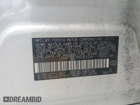 2011 Lexus IS 250 with VIN JTHCF5C27B5051554, listed as a Copart auction lot 56521425 with 133,661 mi miles and Salvage title. Bid and sale history available at DreamBid. Image 12.