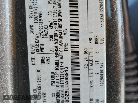 2020 Ford Escape Titanium Hybrid with VIN 1FMCU0DZ5LUA68913, listed as a Copart auction lot 57306055 with 57,711 mi miles and Non repairable. Bid and sale history available at DreamBid. Image 13.